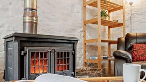 A cozy room with a wood-burning stove, a leather sofa, a wooden ladder shelf, and a table with a book and cookies. - 1 Bed in Machynlleth (oc-93081) (Cwm-Llinau)