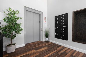 A hallway with a wooden floor, a potted plant, a door, and a wall-mounted mailbox. - Golden View | 3BD • 2.5BA • Balcony (South Bend)
