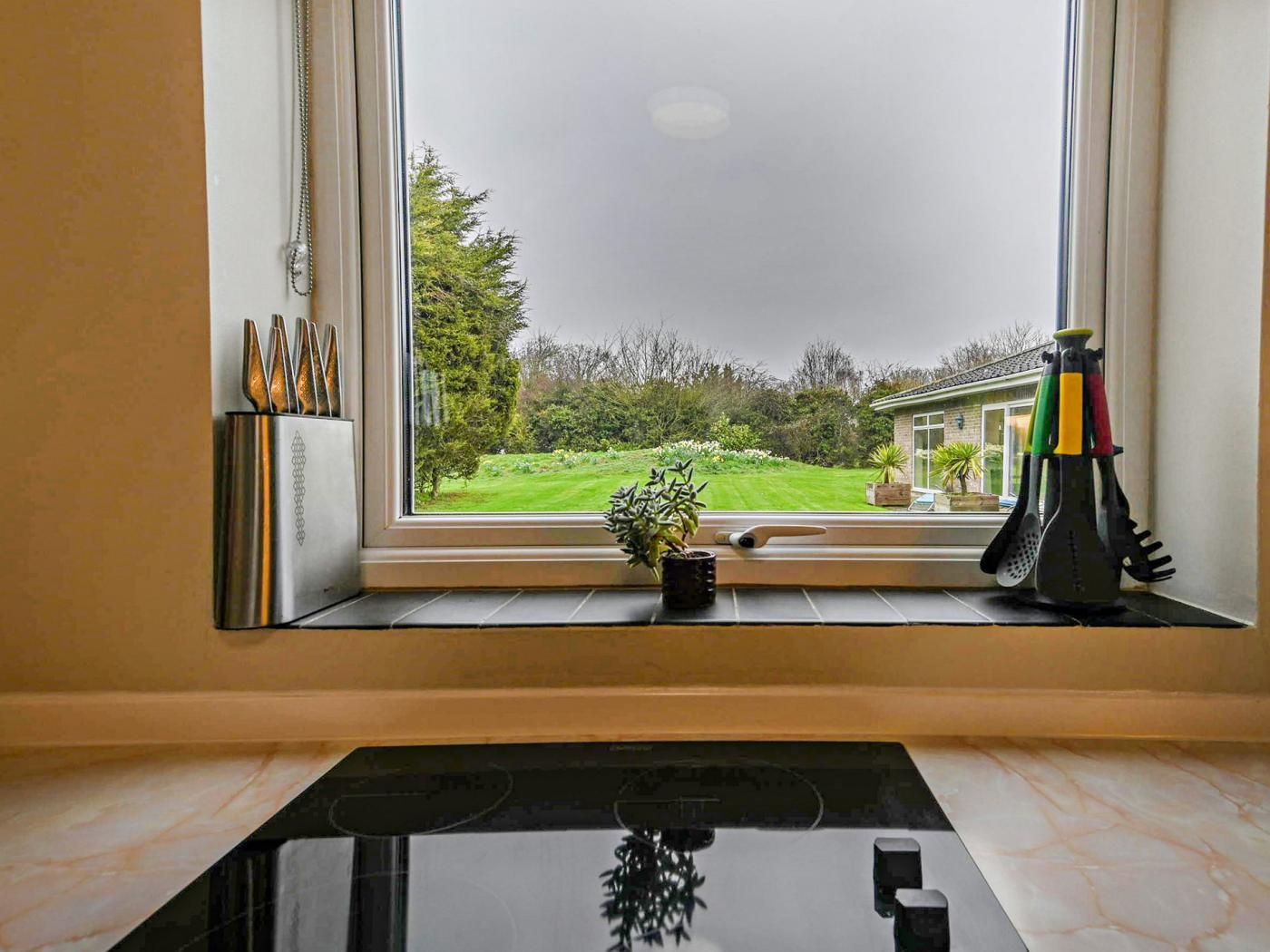 Una cocina con vista a un jardín verde y una casa.