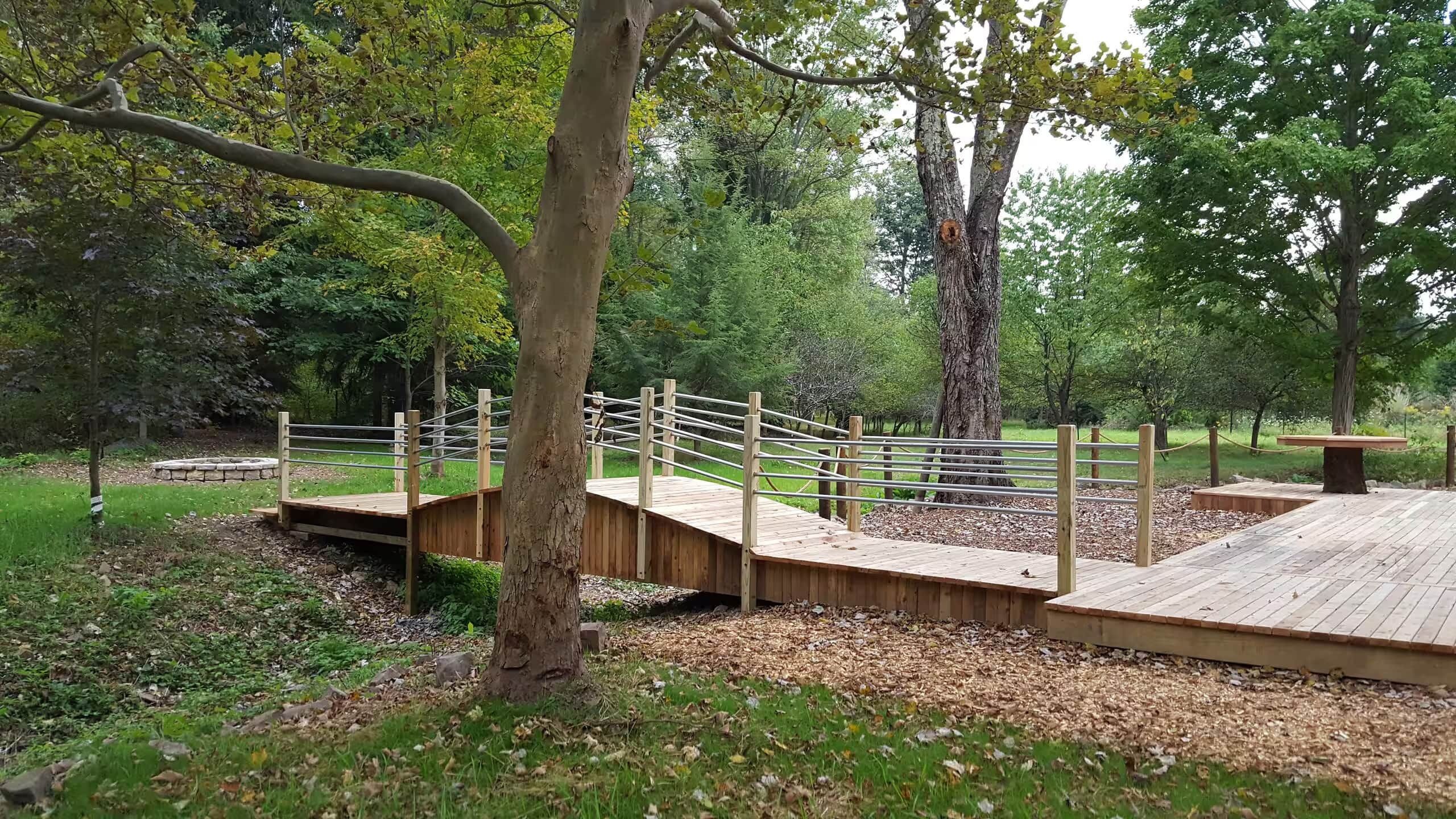 A wooden bridge over a dry riverbed, surrounded by trees and a grassy area.