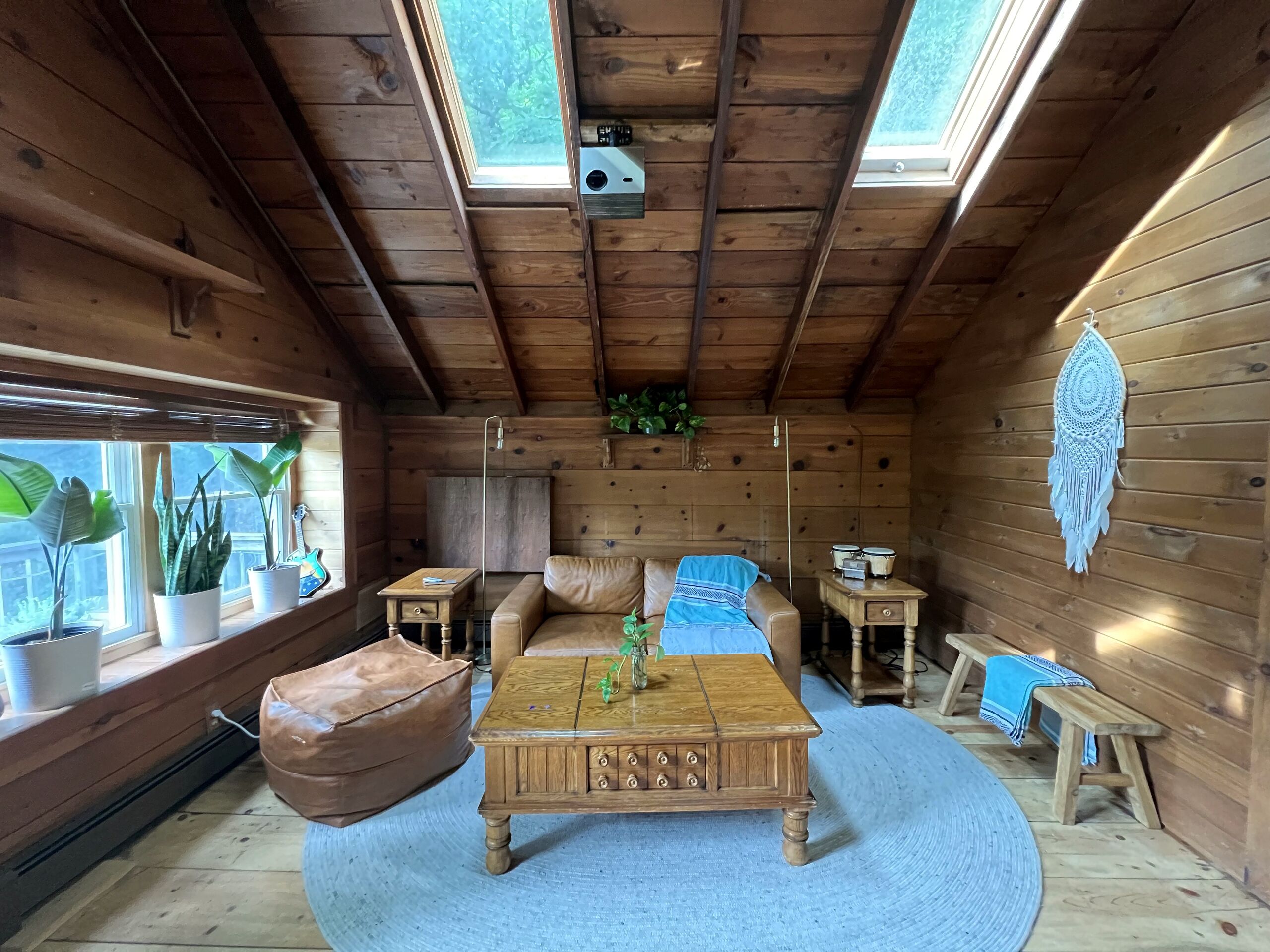 A wooden interior with a sofa, coffee table, and potted plants.