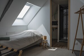 A bedroom with a sloped ceiling, a skylight, a bed, a small stool, and a hanging chair.