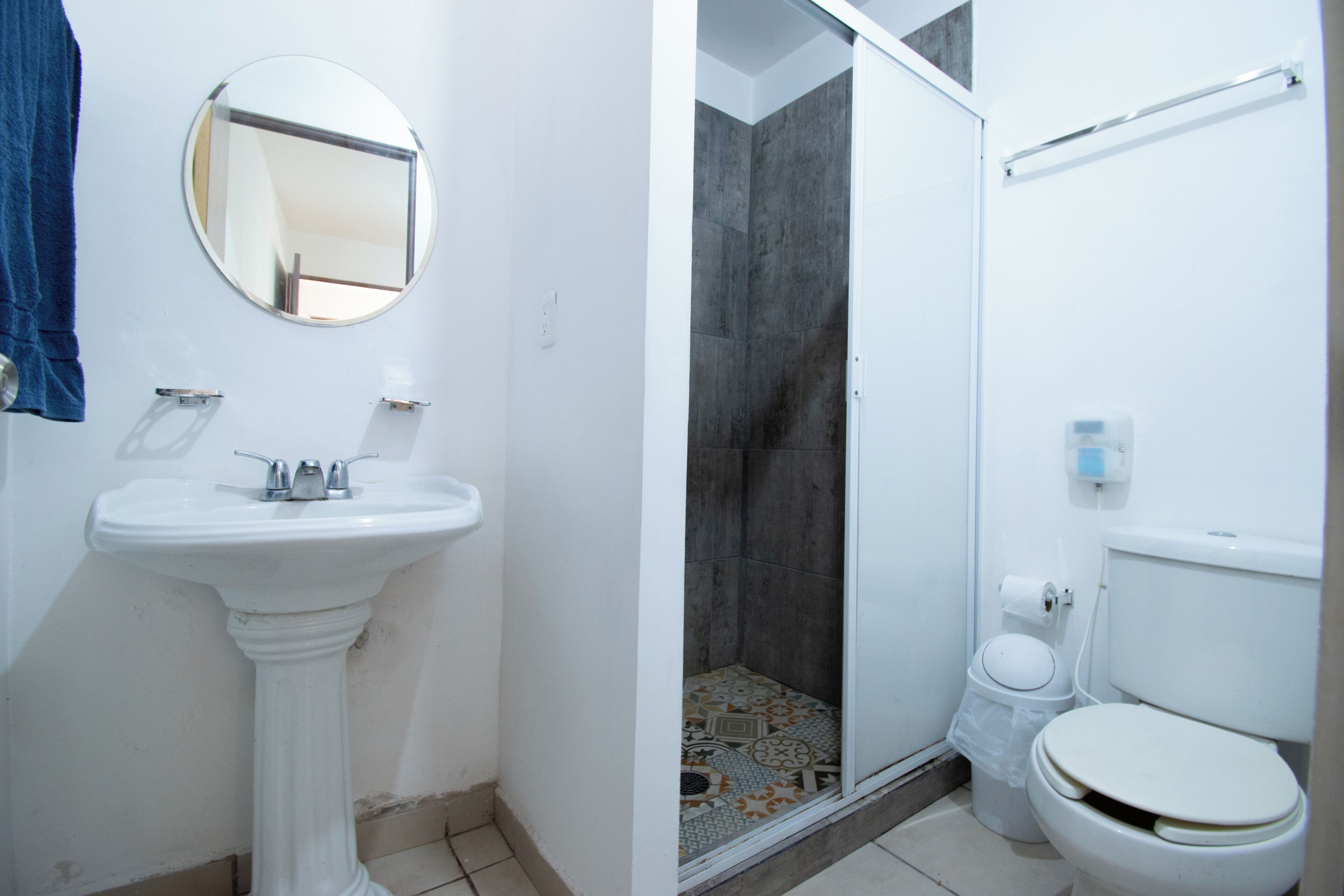 Baño con lavamanos pedestal, inodoro y zona de ducha.