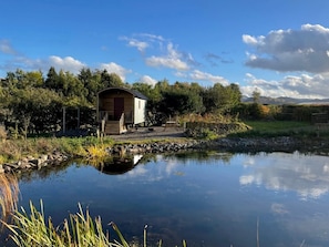 Eine rustikale Holzhütte mit einer Holzdiele, einem Teich im Vordergrund und einer Bergkulisse.