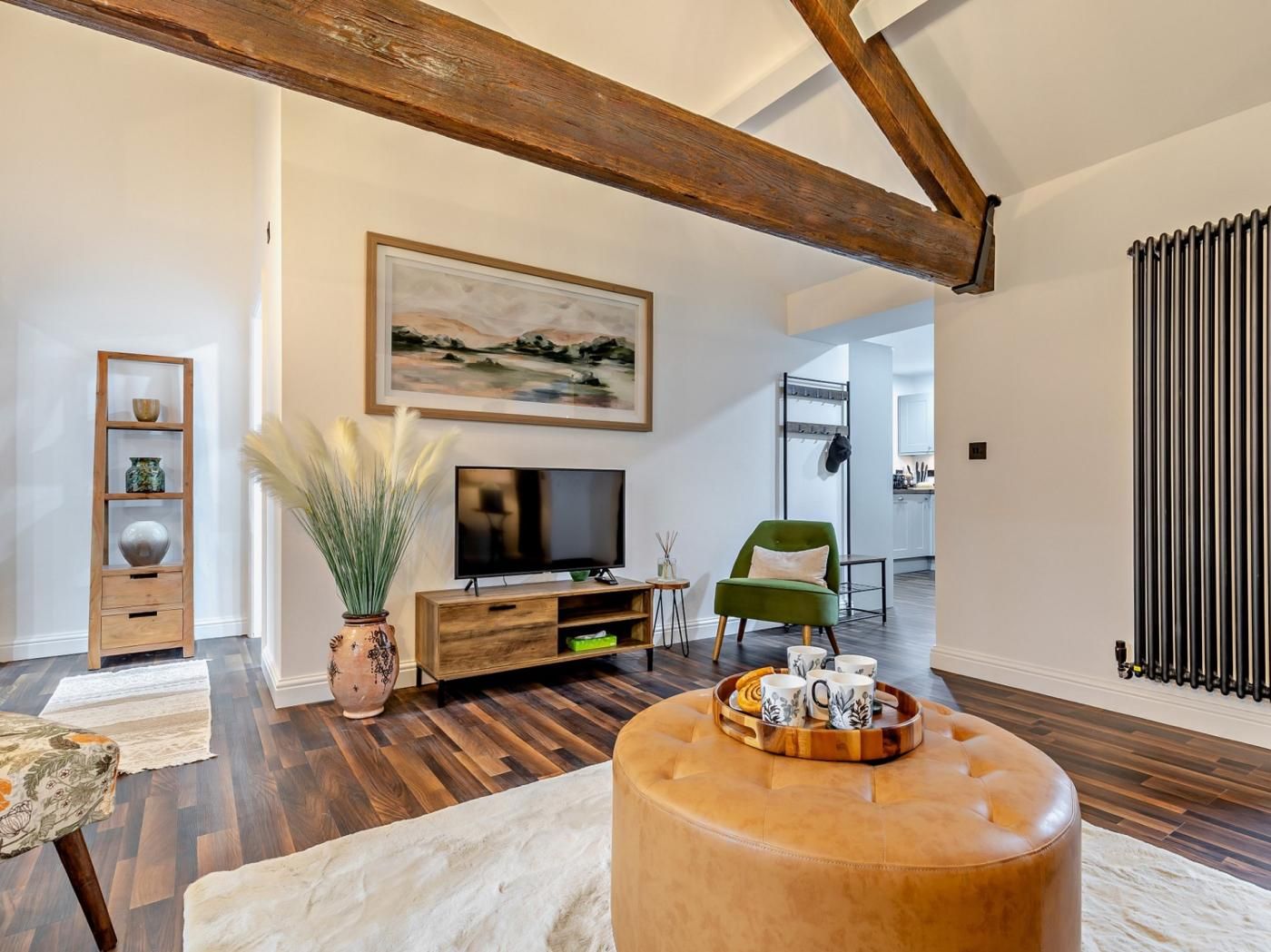 Un salon moderne avec un plancher en bois, un téléviseur, un fauteuil vert et un radiateur.