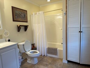 Een badkamer met toilet, douche, bad en een ingelijst kunstwerk aan de muur.