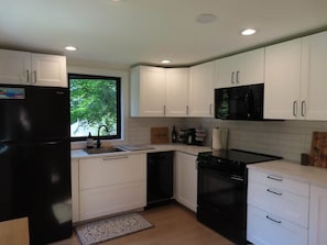 Frigorífico, microondas, horno y placa de cocina