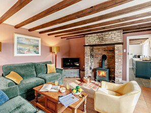 A cozy living room with a green sofa, a wooden coffee table, a fireplace, and a television. - 3 Bed in Market Rasen (oc-93253) (Ranby)