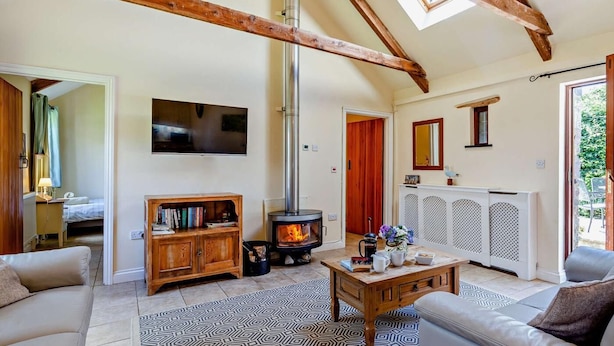 A cozy living room with a fireplace, a sofa, a coffee table, and a bookshelf. - 2 Bed in Callington (oc-tyler) (South Hill)