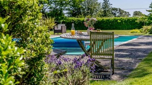 A poolside area with a wooden table, a bottle of orange juice, and a vase of flowers. - 2 Bed in Uckfield (oc-80504) (Framfield)