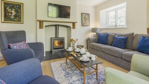 A living room with a fireplace, a sofa, a chair, and a coffee table with tea set. - 3 Bed in Hereford (oc-93304) (Bodenham)
