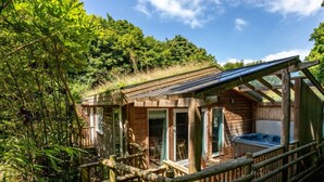 A wooden cabin with a hot tub, surrounded by a wooden deck and dense foliage.