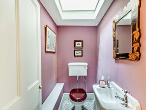 A bathroom with a skylight, a toilet, a sink, and a mirror. - 6 Bed in Ludlow (oc-93327) (Ludlow)