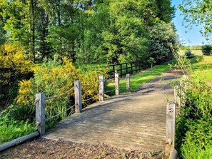 A wooden boardwalk through a lush green landscape with a fence on one side. - 3 Bed in King's Lynn (oc-93412) (Middleton)