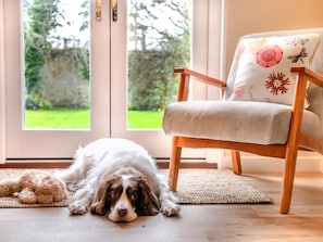 A dog lying on a rug in front of a wooden chair with a floral cushion. - 2 Bed in Brockenhurst (oc-94003) (Beaulieu)