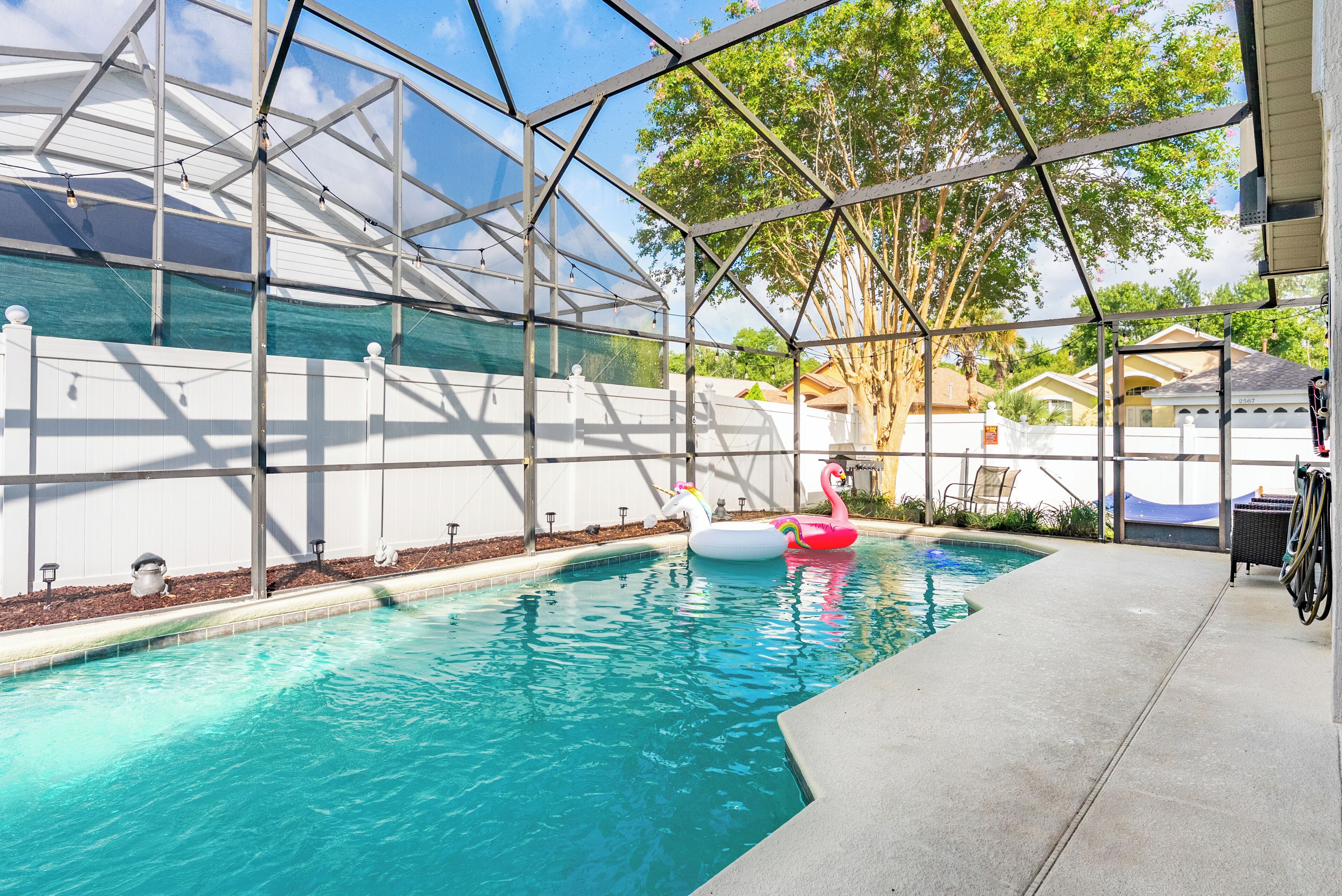 A swimming pool with a glass enclosure, surrounded by a white fence, and a tree in the background.
