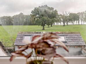A view from a window overlooking a grassy field with trees, a house with a sloped roof, and a flower in the foreground. - 2 Bed in Cockermouth (oc-93280) (Bridekirk)