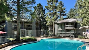 A swimming pool surrounded by a fenced area with trees and a building in the background. - Remodeled 1BD+Loft, Sleeps 5, Walk to Town Center + Pool, Spa, Sauna, & Laundry (Mammoth Lakes)