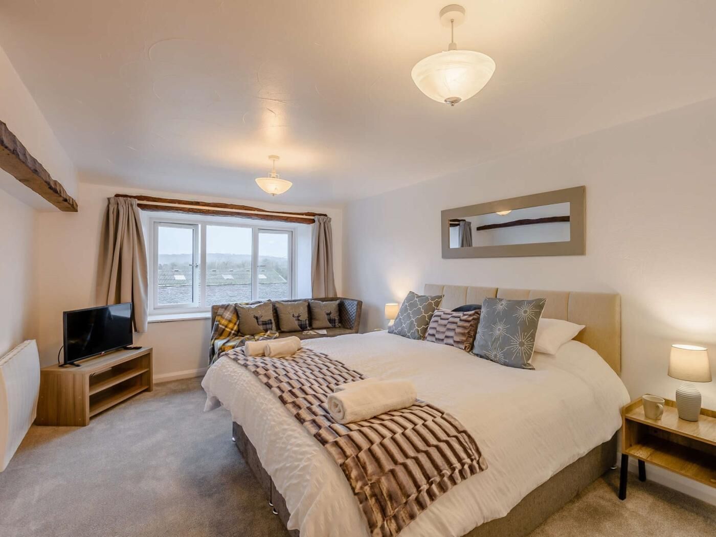 A bedroom with a bed, a television, a window, and a mirror.