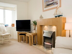 Ein Wohnzimmer mit Fernseher, Kamin, Schaukelstuhl und Blumentopf.