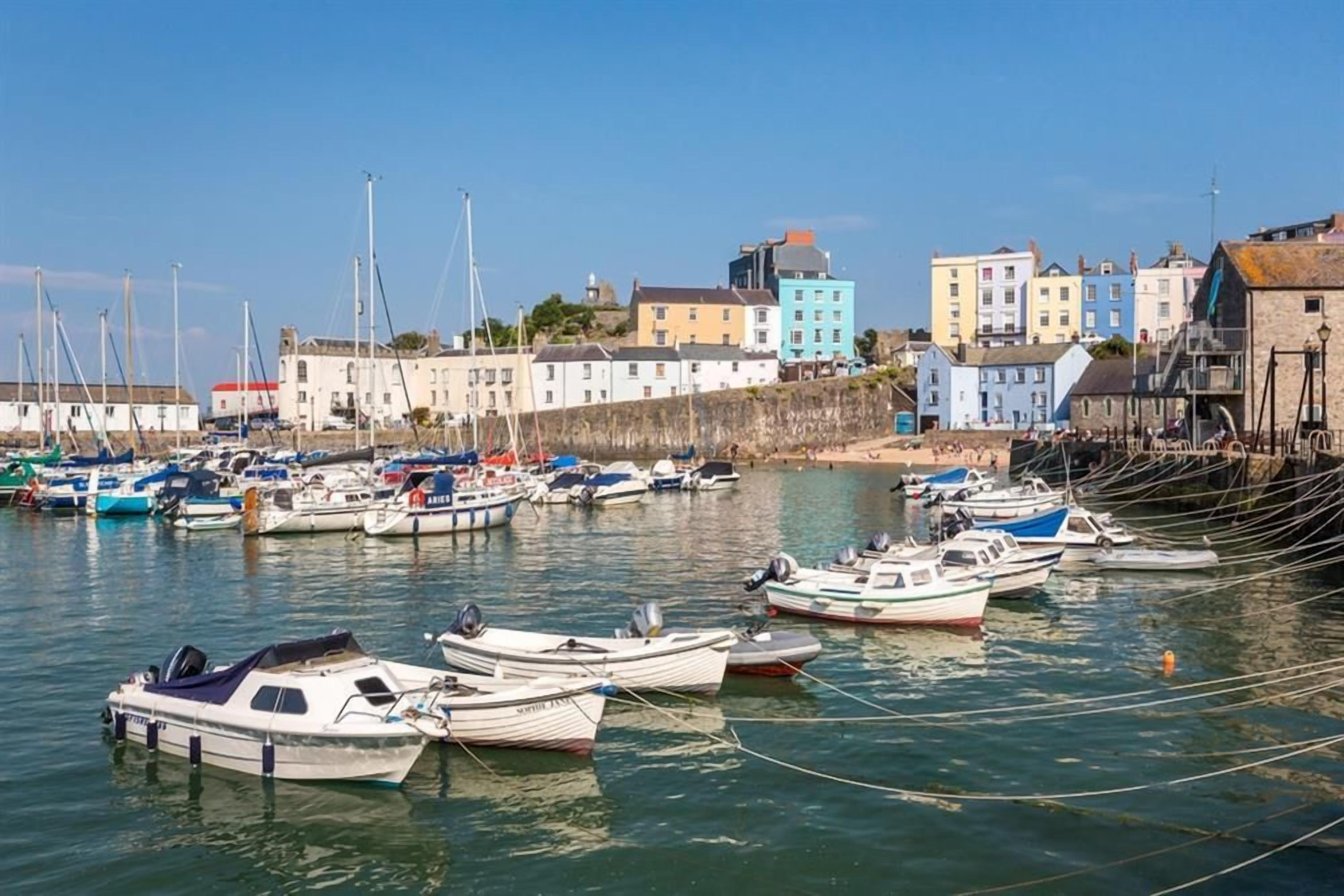 A marina with boats docked, buildings in the background, and a clear sky.
