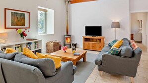 A modern living room with a fireplace, grey sofas, a wooden coffee table, and a television. - 2 Bed in Honiton (oc-93402) (Luppitt)