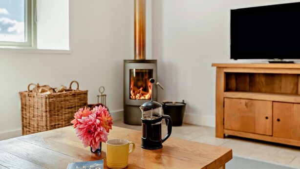 A cozy living room with a wooden table, a book, a vase of flowers, a coffee maker, a television, a fireplace, and a wicker basket. - 2 Bed in Honiton (oc-93402) (Luppitt)