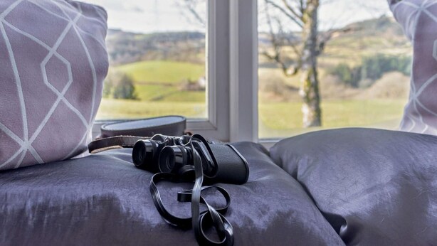 Ein Bett mit Blick auf eine Landschaft durch ein Fenster.