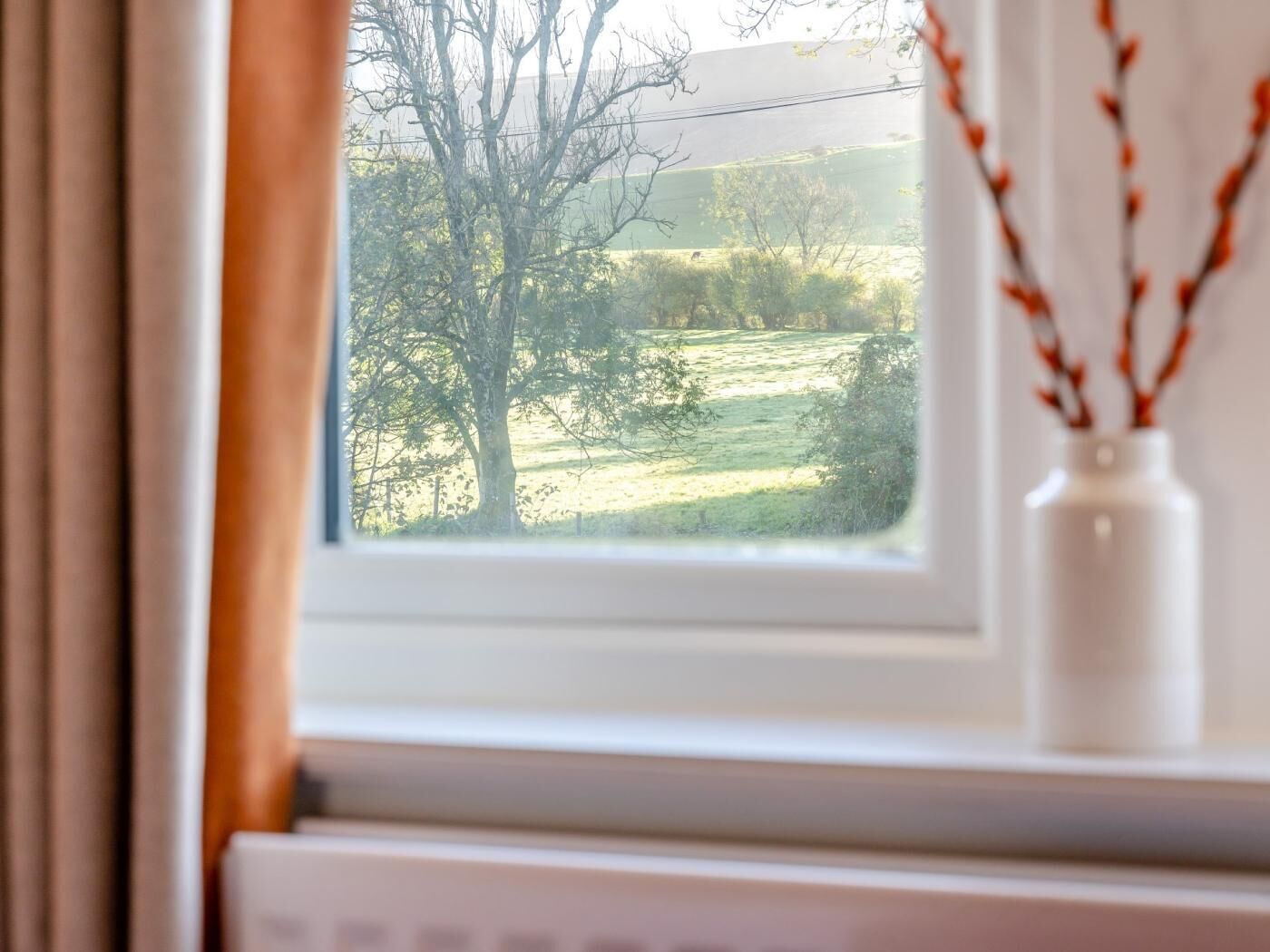 A window with a view of a tree and a white vase with branches.