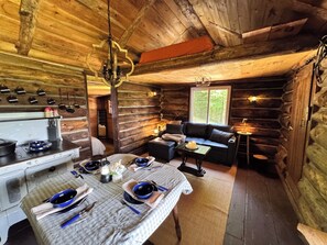 Living area - Marvelous Off-Grid Log Cabin Getaway on Working Horse Ranch. (Johnsonville)