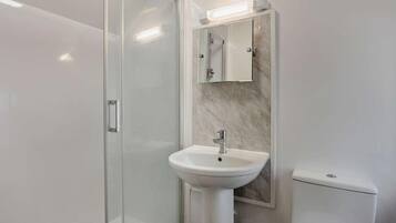 A modern bathroom with a glass shower enclosure, a pedestal sink, a toilet, and a wall-mounted mirror.