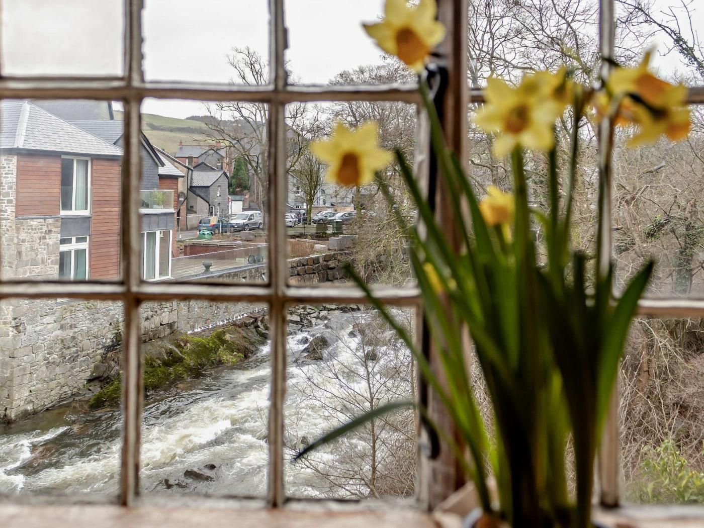 A window view of a river with a stone bridge, buildings, and a vase of daffodils.