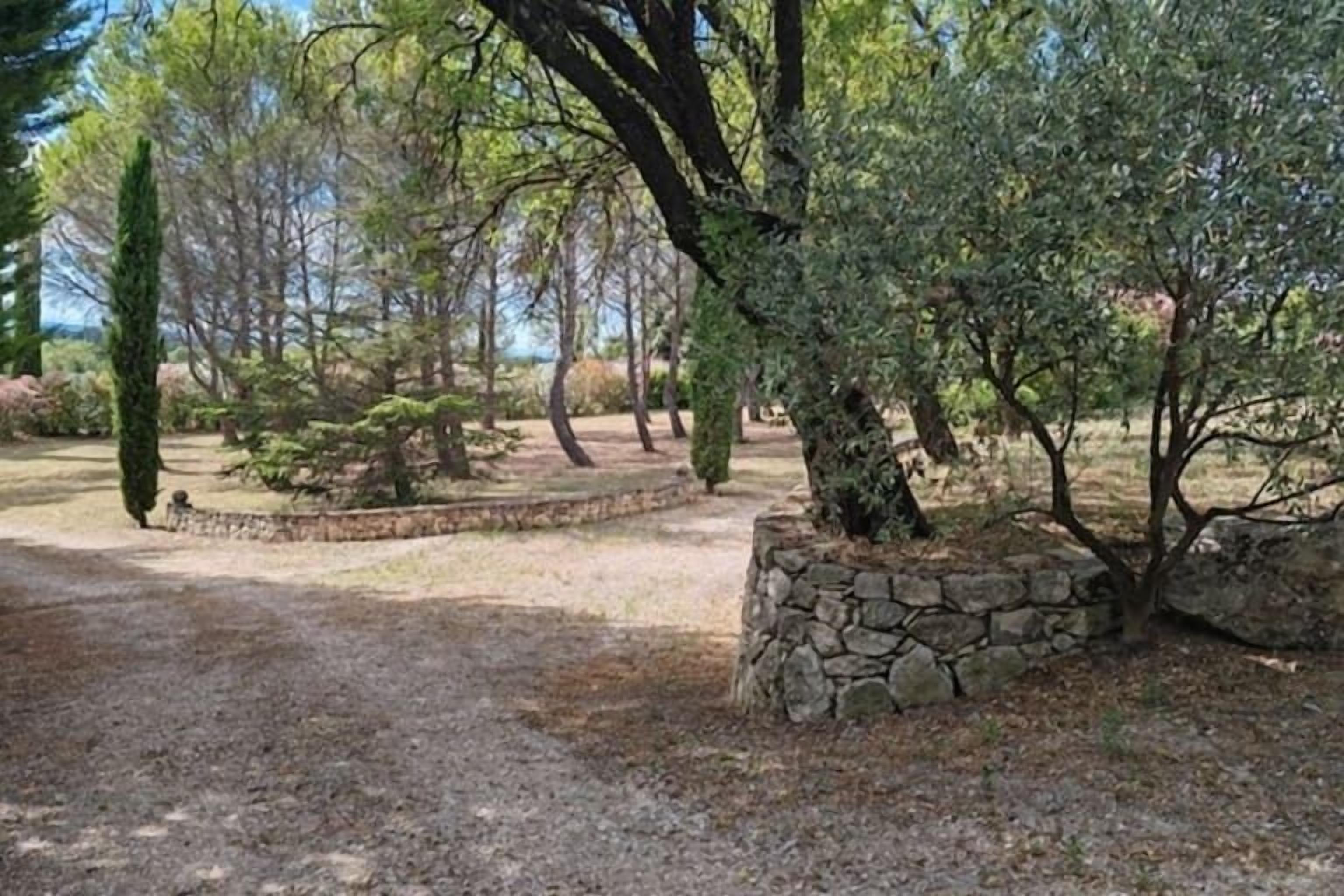 Un chemin de pierres qui traverse un jardin où l’on trouve différentes espèces d’arbres et d’arbustes.