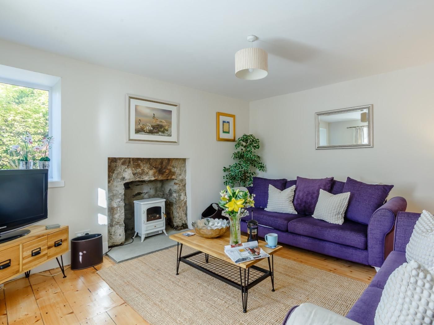 A living room with a fireplace, a sofa, a coffee table, and a television.
