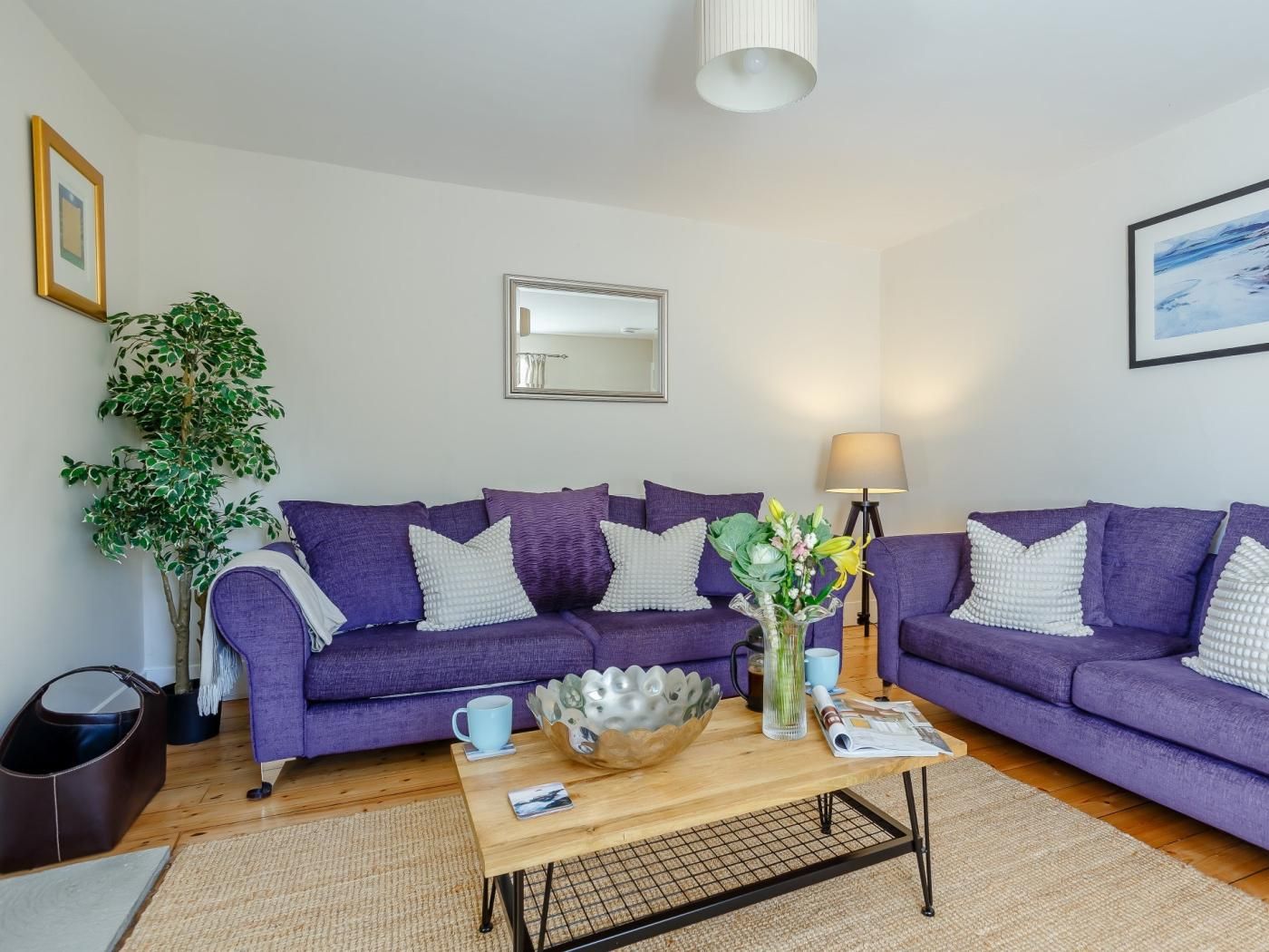 Un salon avec deux canapés violets, une table basse, une lampe et une plante.