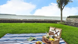 Picnic med tæppe, kurv og mad på en græsplæne nær vand og en palme.