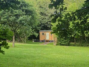 A small wooden cabin with a door and windows, surrounded by lush green trees and grass. - 1 Bed in Newport (oc-94188) (Newport)