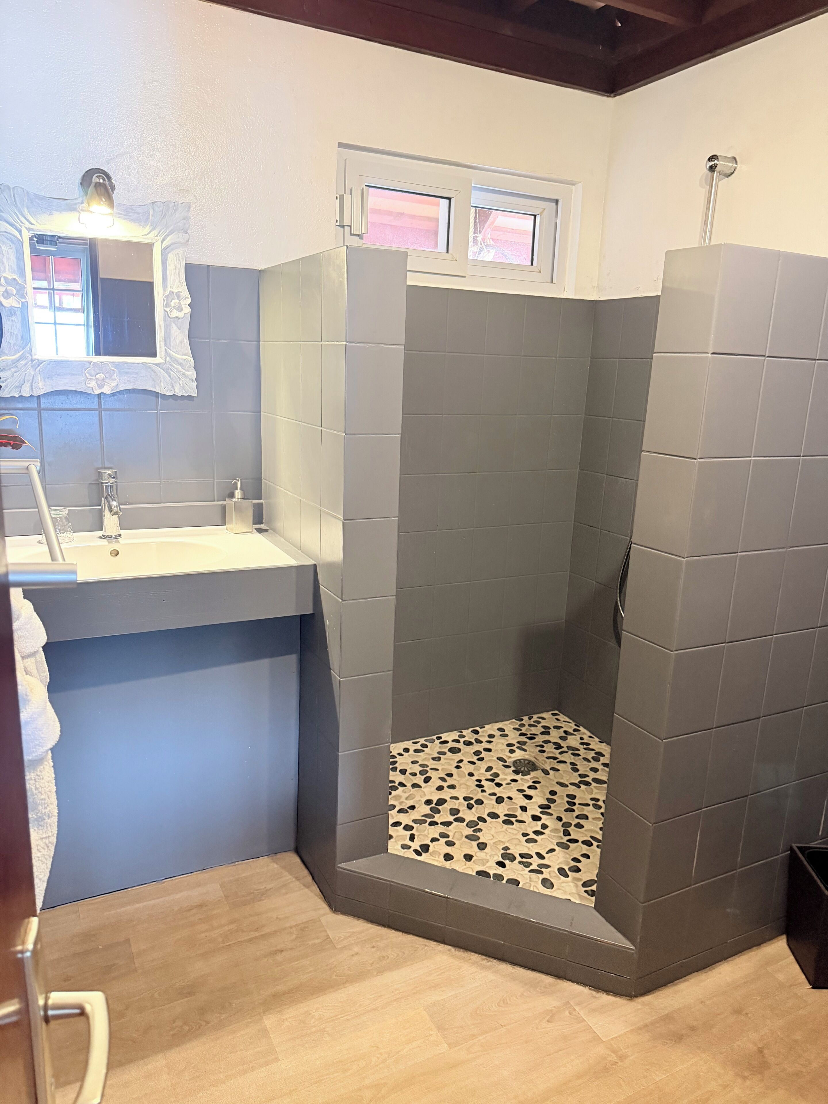A bathroom with a shower, sink, and a mirror.