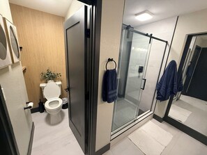 Un bagno moderno con un water, uno spazio doccia e un portasciugamani.