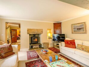 Una sala acogedora con chimenea, televisor y sofá.