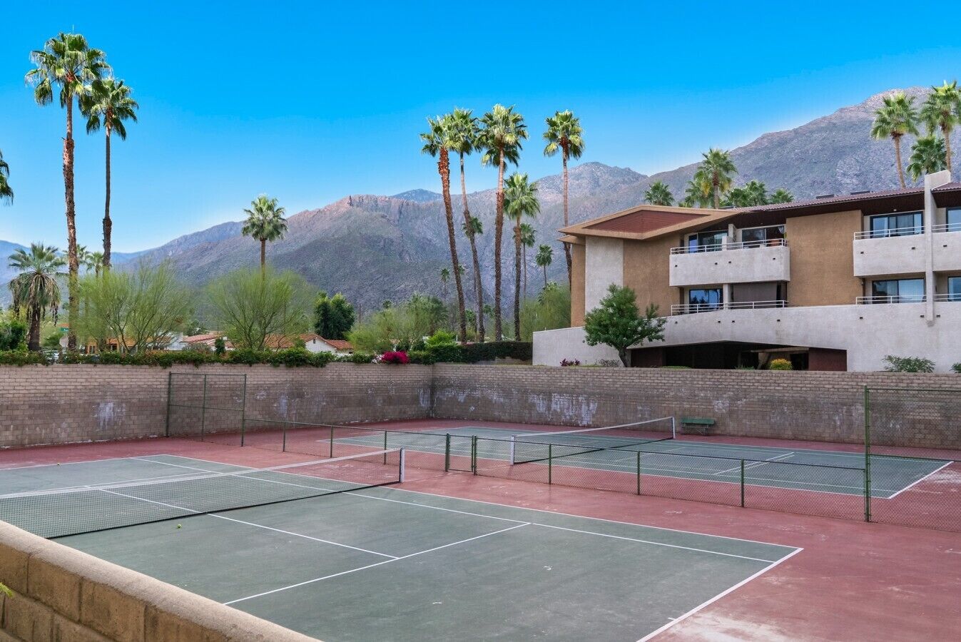A tennis court with a net, surrounded by palm trees and a building with balconies.