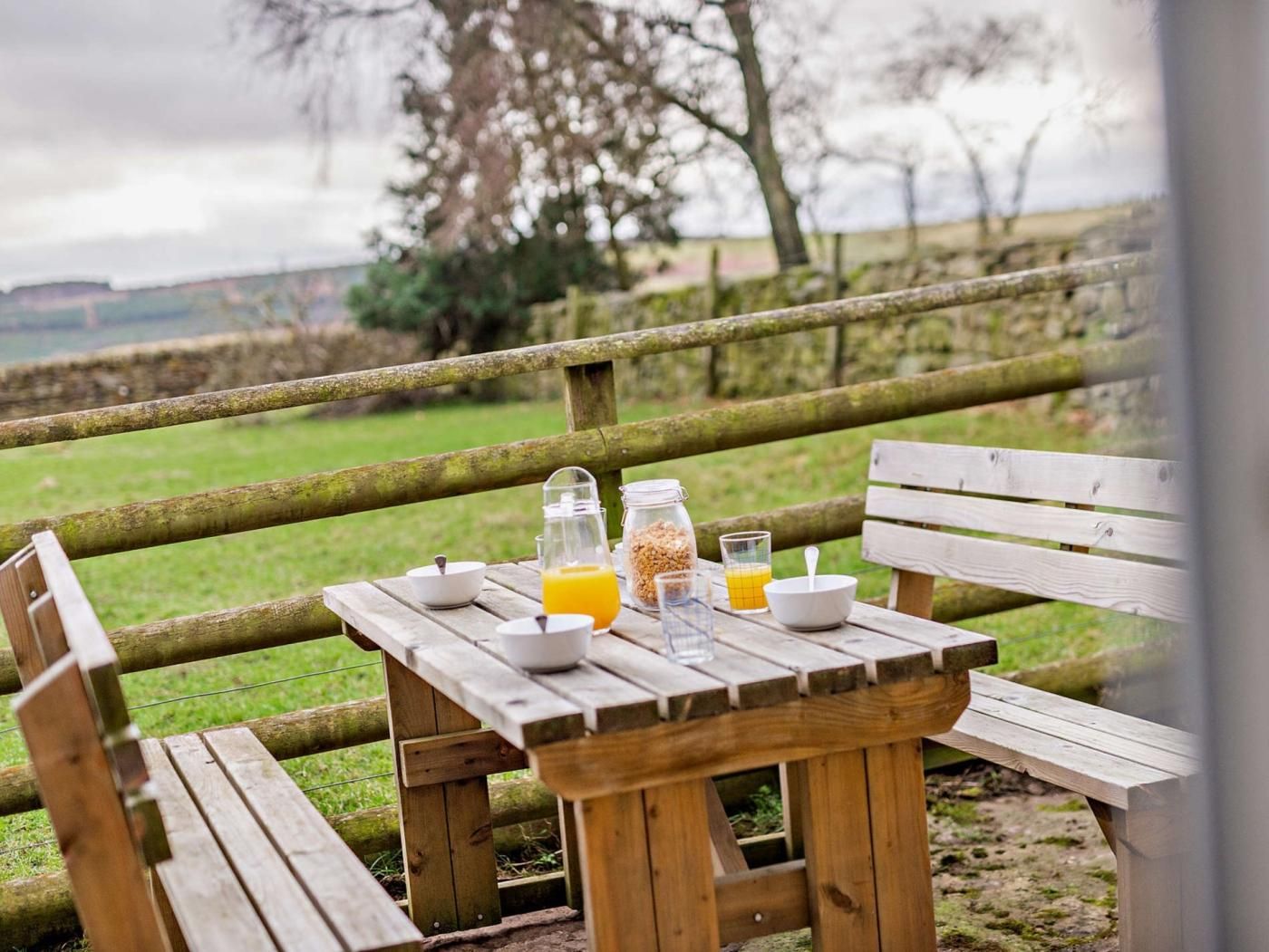 A wooden picnic table with a glass of orange juice, a bowl, and a bottle of milk.