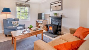 A living room with a fireplace, a sofa, a coffee table, a TV, and a bookshelf. - 1 Bed in Sherborne (oc-94306) (Chetnole)
