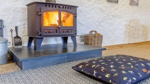 Sobim calentant llenya en una habitació amb un fermall estampat, una cistella de vimet i un pòster penjat a la paret.