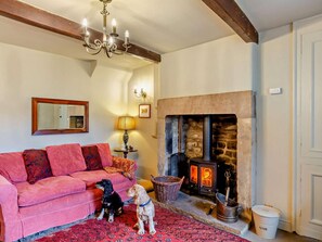 A cozy living room with a pink sofa, a fireplace, and two dogs. - 2 Bed in Skipton (oc-94337) (Hebden)