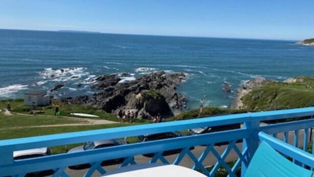 Una vista costiera con una linea di costa rocciosa, un piccolo edificio e una ringhiera blu.