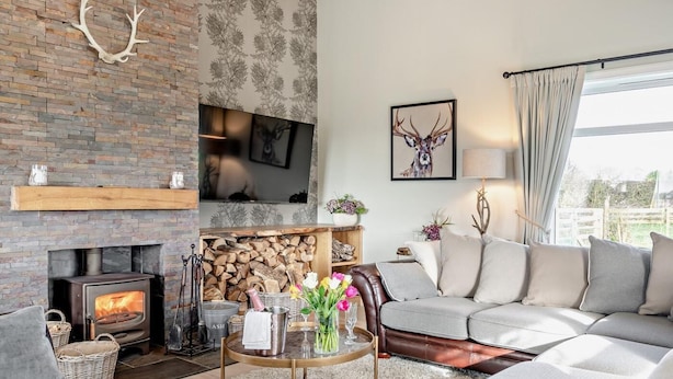 Una sala de estar con chimenea, un sofá, una mesa de centro y un televisor montado en la pared.