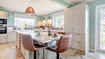 Oven, dishwasher, high chair, cookware/dishes/utensils