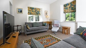 Una sala de estar con sofá, sillón, televisor y un tapete estampado.