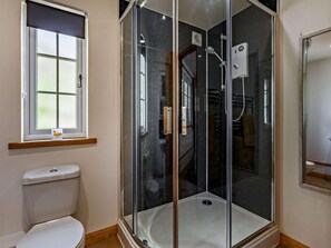 A bathroom with a toilet, a glass-enclosed shower, and a window with a curtain. - 1 Bed in Launceston (oc-86675) (South Petherwin)